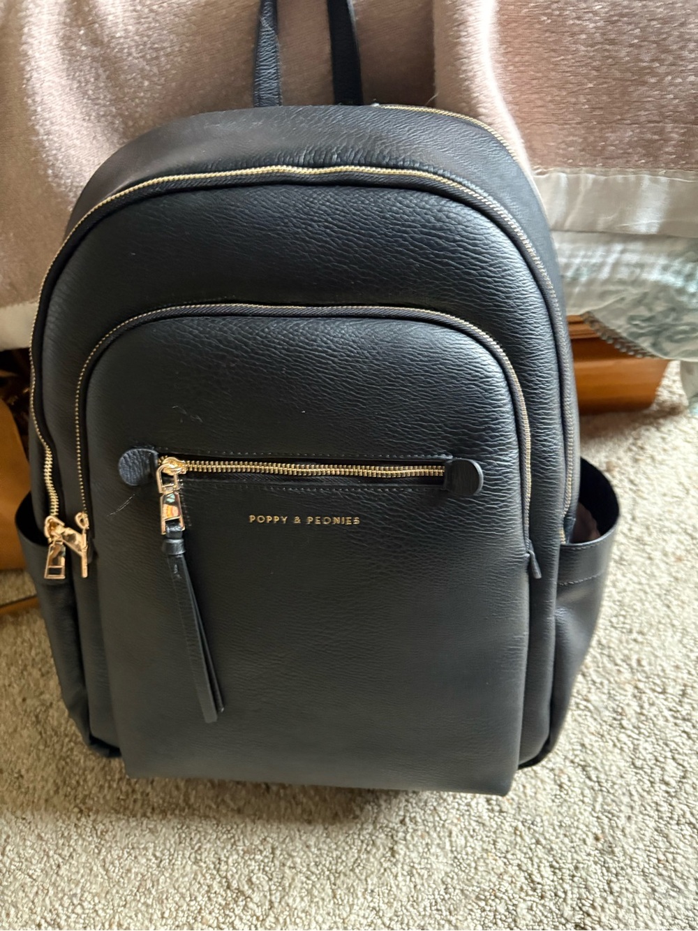Poppy & Peonies Black Backpack with Gold Hardware